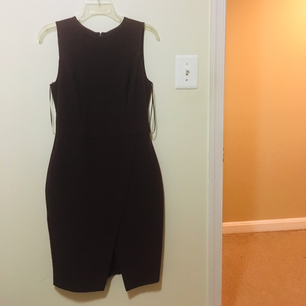 Midi business dress with asymmetrical hem